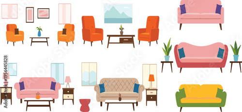 Living room furniture set with sofas armchairs tables lamps interior design home decor flat vector illustration collection