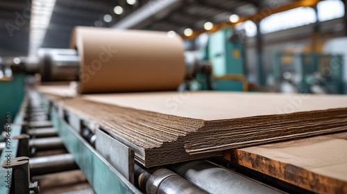 A close-up, highly detailed stock image of the corrugated cardboard manufacturing process. The wavy brown paper layers are beautifully illuminated as they are pressed together betw