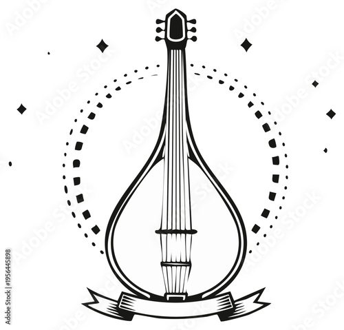 Traditional Stringed Musical Instrument Silhouette with Decorative Circle and Ribbon Emblem