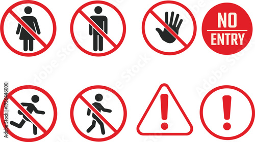 Prohibition and warning signs, caution icons, exclamation mark symbols, safety alerts, restricted access, hazard graphics, danger labels, red circle, triangle, vector illustration
