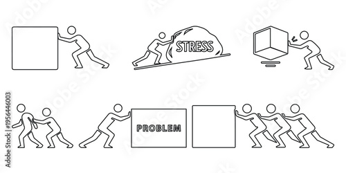 Concept of teamwork, stress management, and problem solving. Stick figure businessman pushing heavy weights, stress rock, and working together to overcome challenges. Vector illustration set.