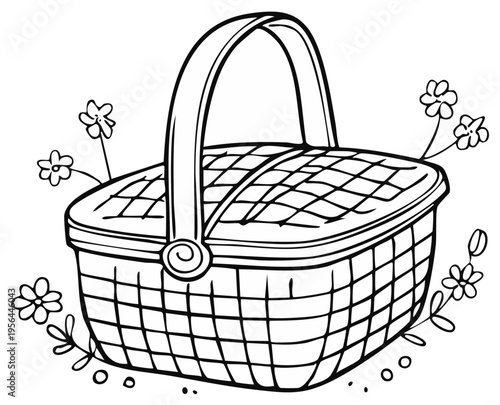 Woven Picnic Basket with Flowers and Handle Black and White Line Drawing