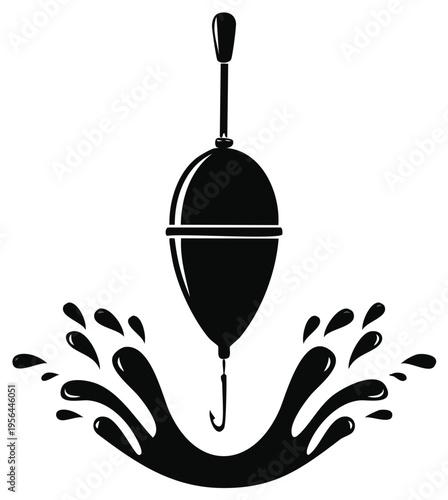 Classic fishing bobber with sharp hook making a lively water splash in a silhouette vector illustration