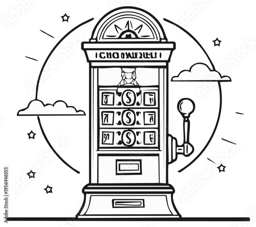 Stylized Slot Machine Illustration with Stars and Clouds Game of Chance