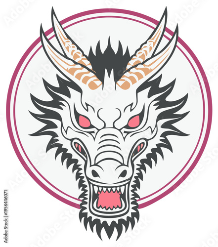 Stylized Dragon Head Fiercely Depicted in a Circular Emblem Symbolizing Mythical Strength