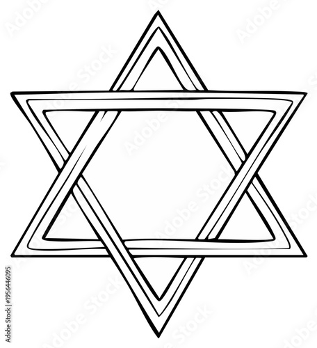 Stylized Star of David in line art with six pointed geometrical shape as cultural or spiritual symbol on white
