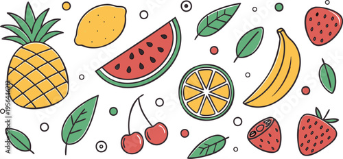 Pineapple, watermelon, and strawberry are all colorful fruits and leaves.