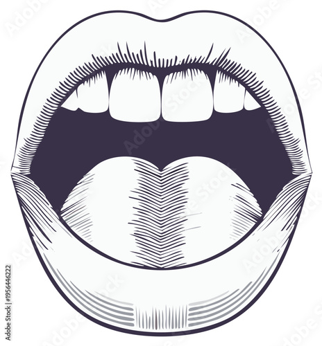 Open mouth showing teeth and tongue in a stylized etched line art illustration