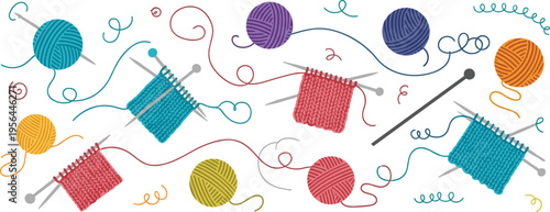 Knitting Yarn and Needles Set with Colorful Wool Balls and Fabric Pieces, Craft Hobby Collection for Handmade Textile and Sewing Illustration Design