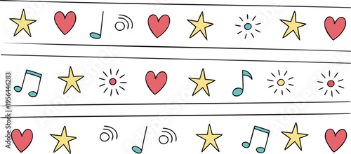 Colorful music notes, stars, and hearts are all around.