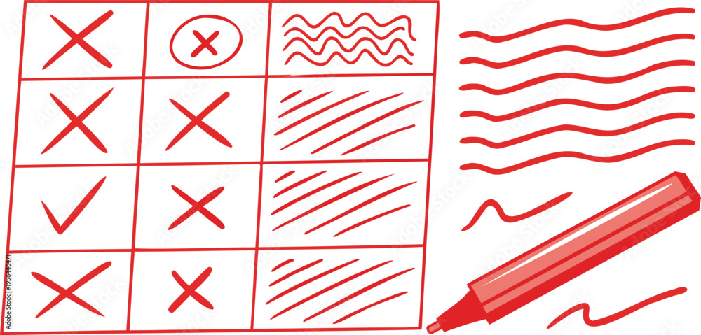 Obraz premium Checklist Grid with Hand Drawn Marks and Red Pen