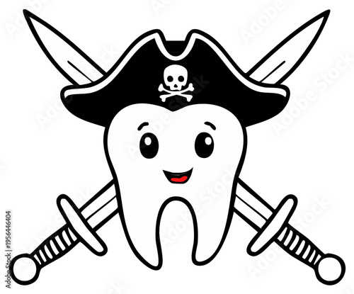 Cartoon pirate tooth character with crossed swords and a black pirate hat, smiling happily.