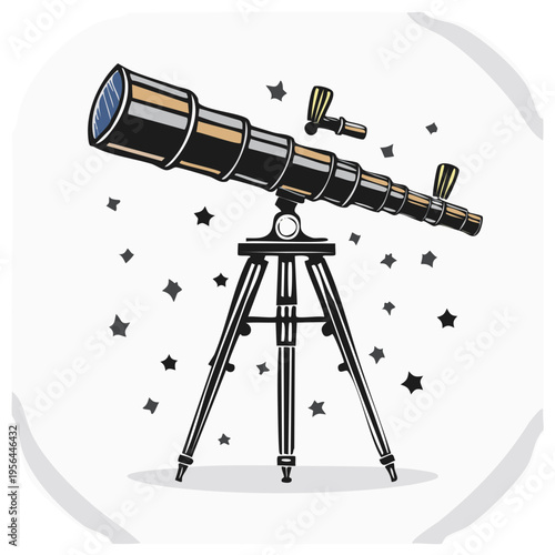 Vintage telescope on tripod with stars against soft backdrop illustration