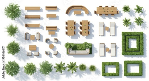 Top view garden patio furniture and landscape elements set with wooden tables chairs and trees
