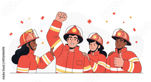 Diverse team of firefighters celebrating success with unity and collaboration illustration