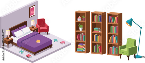 Modern Bedroom Interior Set with Bed, Nightstands, Bookshelves, Armchair and Floor Lamp Cozy Home Vector Illustration