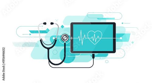 Digital healthcare display with stethoscope emphasizing telemedicine innovation visualization