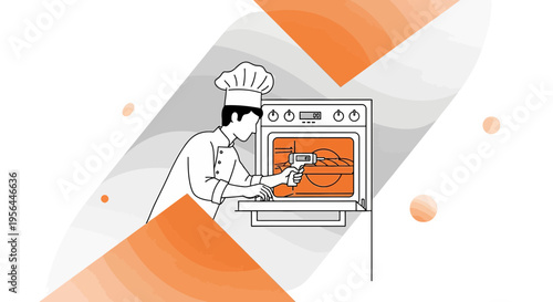 Digital illustration of a chef checking the temperature inside an oven with a thermometer for