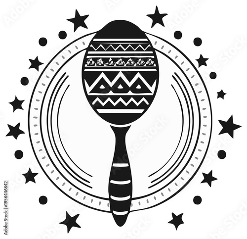 Mexican maraca musical instrument with stars, circle and decorative design