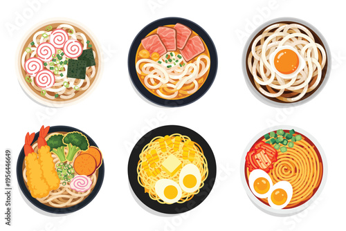 Clean and minimal flat lay illustration of Japanese cuisine featuring noodle bowls. Includes a mix of ramen and udon styles with varied toppings and rich broth visuals.