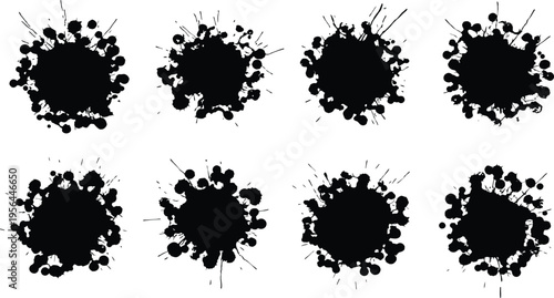 Eight black ink splatters on white background