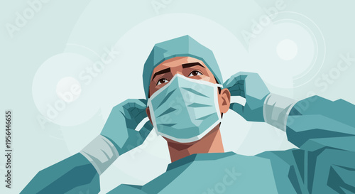 Digital illustration showcasing a doctor or surgeon adjusting his mask and personal protective