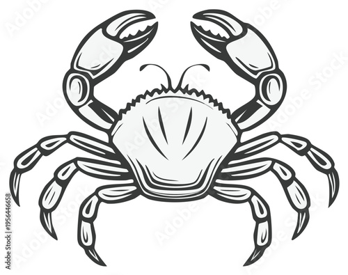 Stylized line art illustration of a crab with raised claws and multiple legs