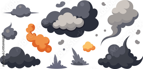 Different cartoon clouds and smoke that are gray and orange