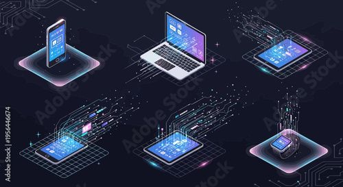 Digital landscape of interconnected devices showcasing technological advancements and connectivity