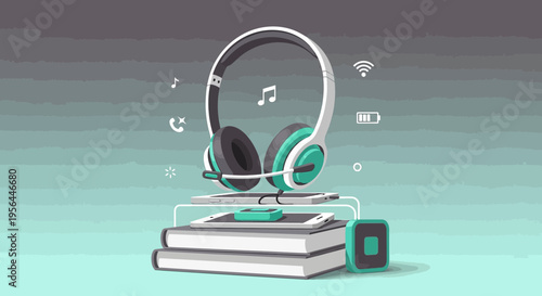 Digital learning setup with headphones, devices, and books illustration gradient background