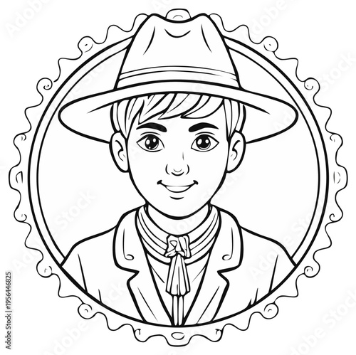 Line art portrait of smiling young boy wearing a cowboy hat and suit jacket in ornate frame