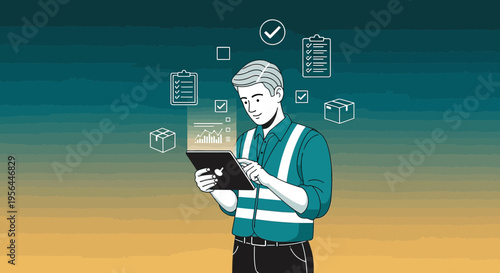 Digital transformation worker inspecting package delivery data with tablet and checklist icons