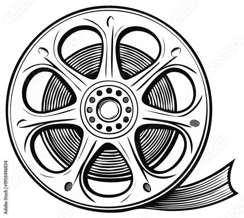Classic movie film reel with cinematic tape. Black and white line art vector illustration.
