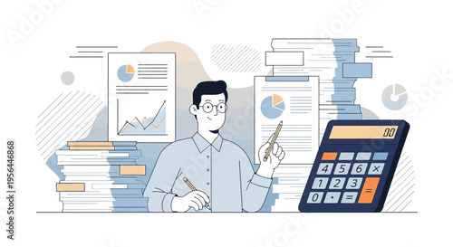 Diligent accountant immersed in financial analysis with calculator and documents