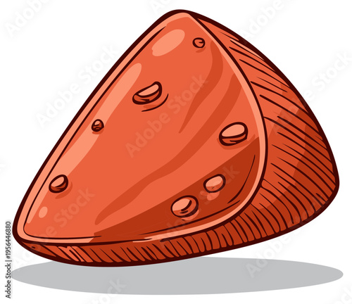 Hand drawn cartoon illustration of a shiny orange cheese wedge with holes