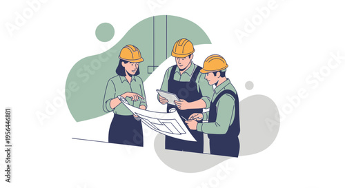 Diverse construction team collaborates analyzing architectural blueprints and digital tablet