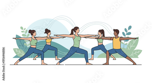 Diverse group practices warrior pose together for wellness and tranquility