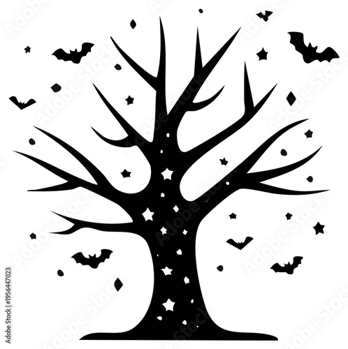 Spooky tree silhouette with bats and stars around it creates a Halloween mood and a festive autumn season greeting.