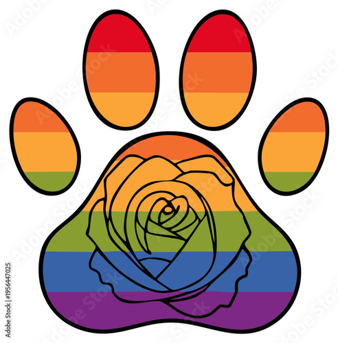 Rainbow paw print with rose emblem design for LGBTQA+ support and love