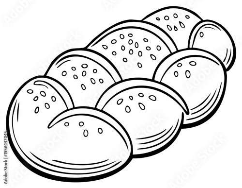 Traditional braided bread with sesame seeds simple line drawing isolated on white background