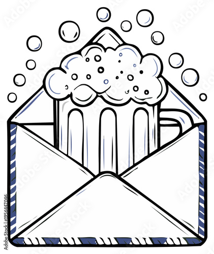 Beverage Invitation Envelope with Frothy Mug and Bubbles Illustration