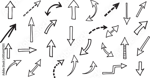 A versatile set of hand-drawn arrow doodles featuring various styles such as curved, dashed, double-sided, and block arrows.