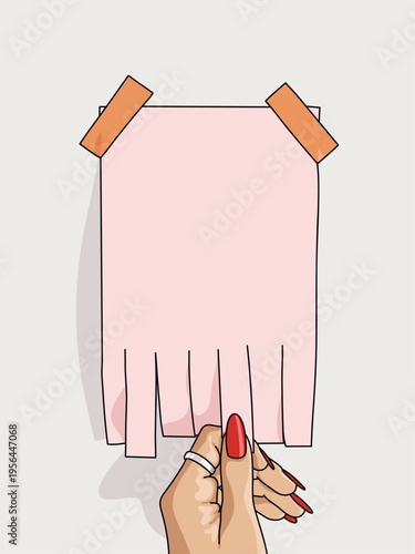 Vector Illustration of a Woman's Hand Holding an Empty Blank Sheet Paper Advertising with Tear-off Cut Slips in Pink Isolated on Light Background. Copy Space Template Poster