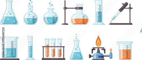 Laboratory Glassware Set with Beakers Flasks Test Tubes and Pipette, Chemistry Experiment Equipment Collection for Science Education and Medical Illustration Design