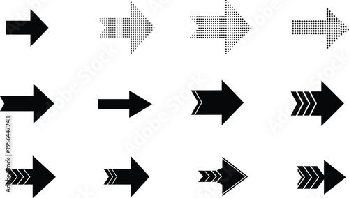 Collection of black and white arrow icons in various styles and patterns