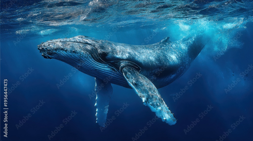 Fototapeta premium Humpback whale swimming near surface in deep blue ocean