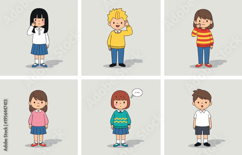 Set of cute cartoon children characters expressing different emotions with diverse poses isolated on white background flat vector illustration