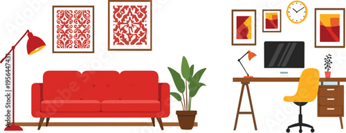 Modern Living Room and Home Office Interior Vector Illustration Featuring Sofa, Desk Workspace, Computer, Lamp, Plant, and Stylish Furniture in Flat Design