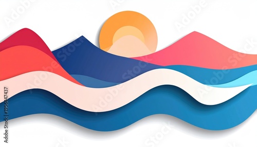 Abstract Paper Cut Landscape with Wavy Mountains and Sun.