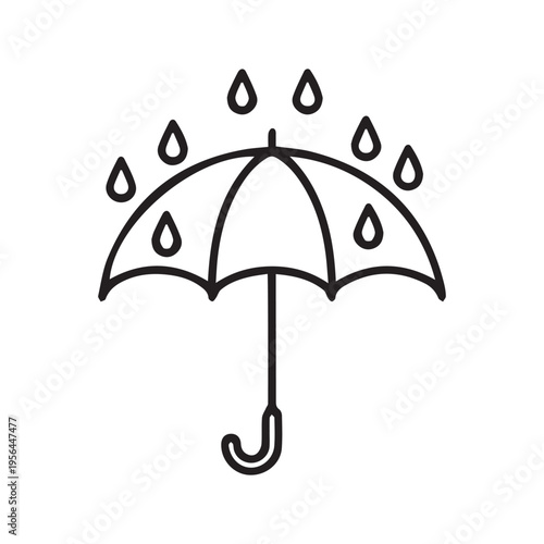 Simple line drawing of an open umbrella with raindrops falling above